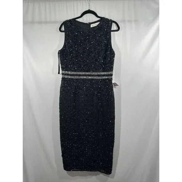 NWT Mac Duggal [ 10 ] 10509 Sleeveless High Neck Beaded Midi Sheath Dress  Black